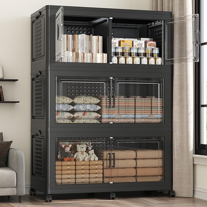 120GAL Storage Bins with Lid and Wheels, Stackable Closet Organizers and Storage Drawer, Collapsible Storage Box with Dividers, Foldable Plastic Cabinets for Room, Kitchen, 3 Pack Black