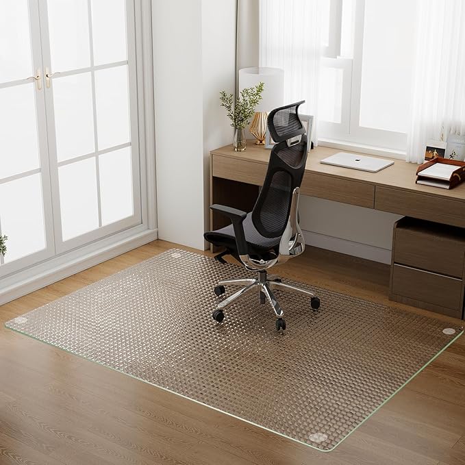 GLSLAND 46"x55" Tempered Glass Chair Mat – Checkered Patterned Heavy Duty Floor Mats Protector for Hardwood Floors & Carpet, Decorative Home and Office Desk