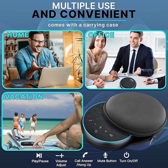 PyleUsa Conference Speaker Bluetooth Speakerphone - Multipurpose Conference & Streaming Speaker,Noise Canceling Swiss Immersive Crisp Voice Pickup for Office,Travel,Home, w/USB-C,Aux Cables - PSCN42