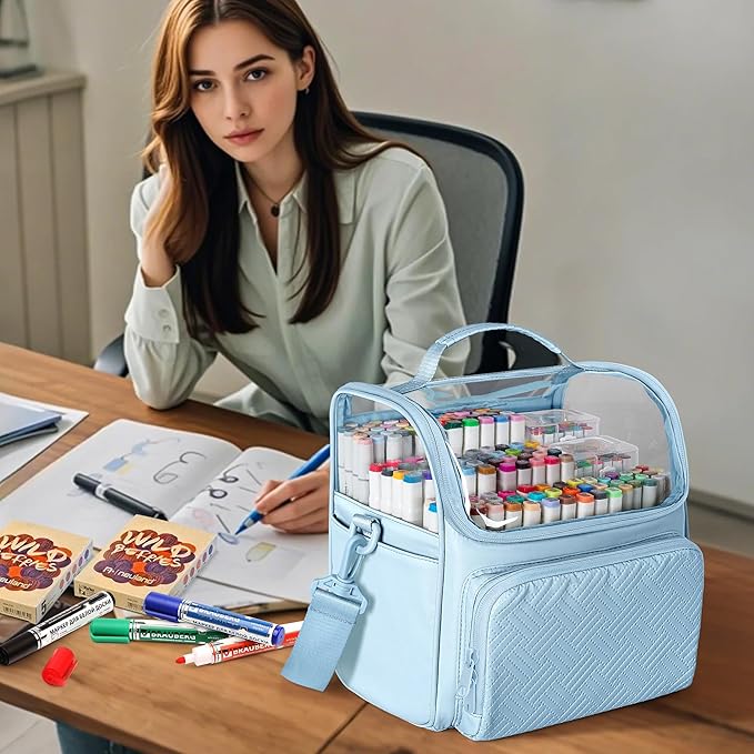 Large Marker Organizer Case for 180 Markers, Marker Storage Bag for Markers, Paint Brushes, Colored Pencils or Other Art Supplies with Dividers and Shoulder Strap (Blue)