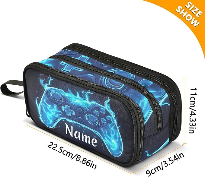 Custom Joystick Gamepad Blue Flame Pencil Case Box Boys Girls Personalized Name Large Pencil Pouch Stationery Pen Bag Organizer for Kids Adults School Office