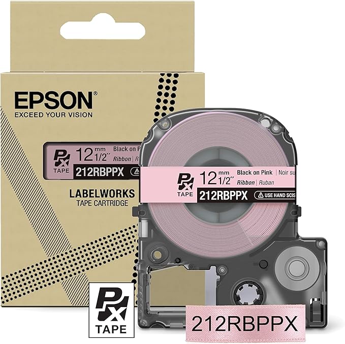 Epson LABELWORKS 212RBPPX Genuine PET (Polyester) Tape Cartridge - Black on Pink Ribbon Designer Craft Label Maker Tape - 1/2" (12MM) Wide, 16'