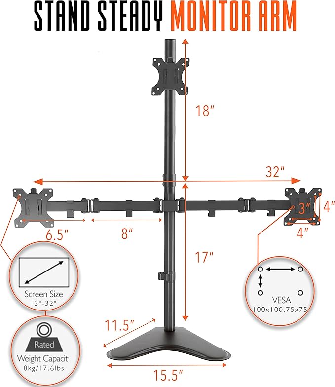 Stand Steady Triple Monitor Desk Stand with Tabletop Base, for Home or Office Use, Height Adjustable Computer Monitor Stand with Full Articulation VESA Mounts, Fits Most LCD/LED Monitors 13-32 Inches