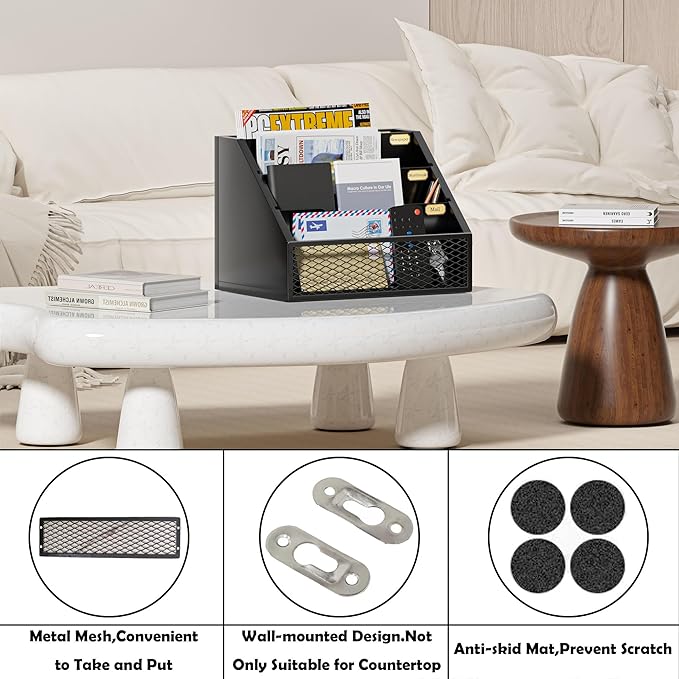 Mail Organizer Countertop,Wooden Mail Holder,4 Slot Letter Holder for Desktop,Vintage Desk Orgaizer for Fill,Bill (Black)