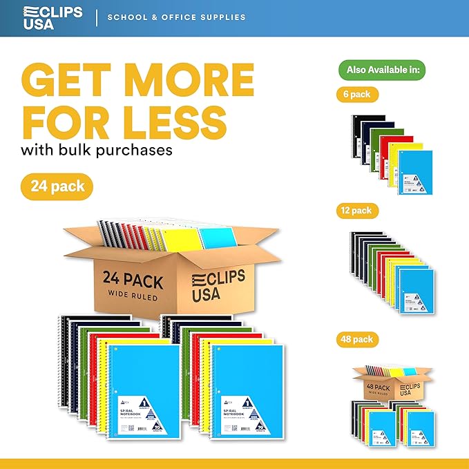 Spiral Notebook Wide Ruled Notebooks 70 Sheets Single Subject Notebooks Bulk 6 Color Assortment 3 Hole Perforated Sheets (24 Pack Wide Ruled)