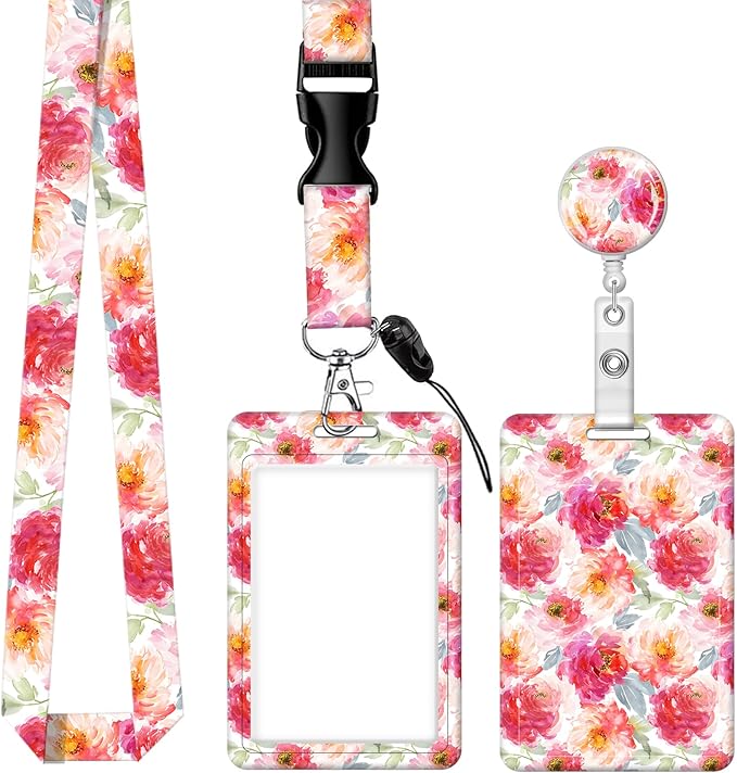 BLOCIT Lanyards for ID Badges and Keys, Funny Badge Reel Retractable with Clip,ID Badge Holder with Breakaway Lanyard, Teacher Nurse Office Gifts（Watercolor Flower）