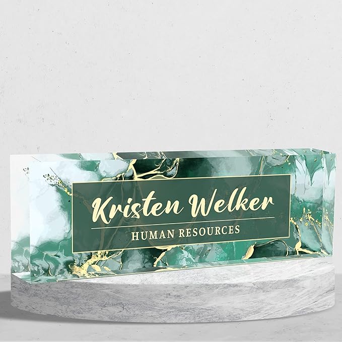 Desk Name Plate Personalized, Premium Green Phnom Penh Marble Acrylic Desk Name Plate, Personalized Name Plate for Desk, Office Decor for Women or Men Coworkers, Boss, Employee, Teacher
