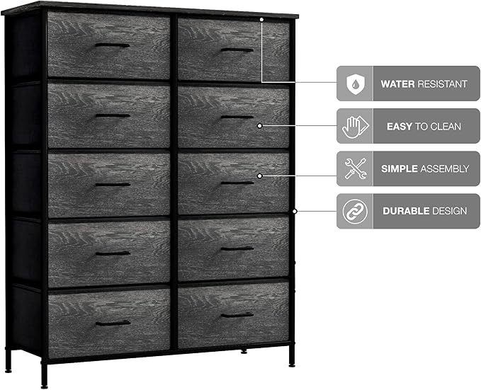 Sorbus Dresser with 10 Faux Wood Drawers - Chest Organizer Unit with Steel Frame Wood Top & Handle Easy Pull Fabric Bins for Clothes - Storage Furniture for Bedroom, Hallway, Living Room & Closet