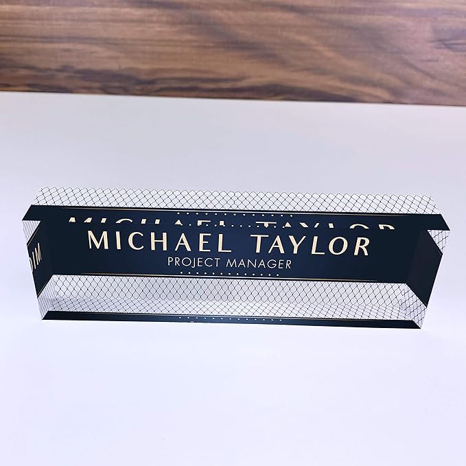 Artblox Office Desk Name Plate Personalized | Custom Name Plates for Desks | Net Shape Design On Clear Acrylic Glass | Office Desk Decor - (8" x 2.5")