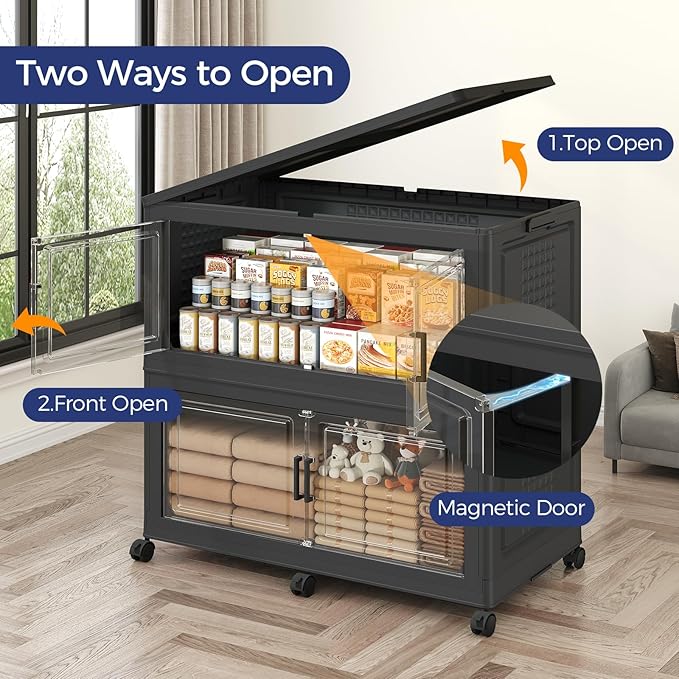 120GAL Storage Bins with Lid and Wheels, Stackable Closet Organizers and Storage Drawer, Collapsible Storage Box with Dividers, Foldable Plastic Cabinets for Room, Kitchen, 3 Pack Black