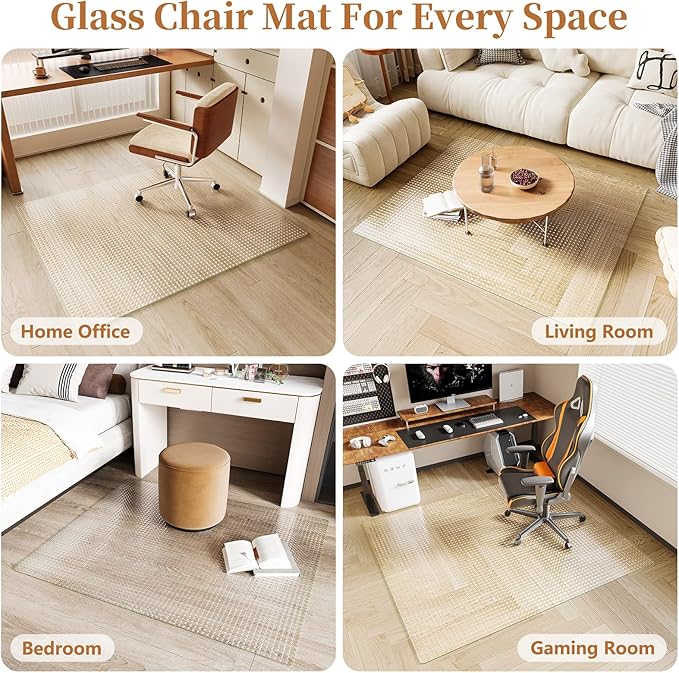 Koonmi Wave Glass Chair Mat 46"x55", Tempered Glass Office Chair Mat, Embossed Wave Texture Chair Mats with Rounded and Polished Edges for Hardwood Floor, Carpet, Support 1200LBS