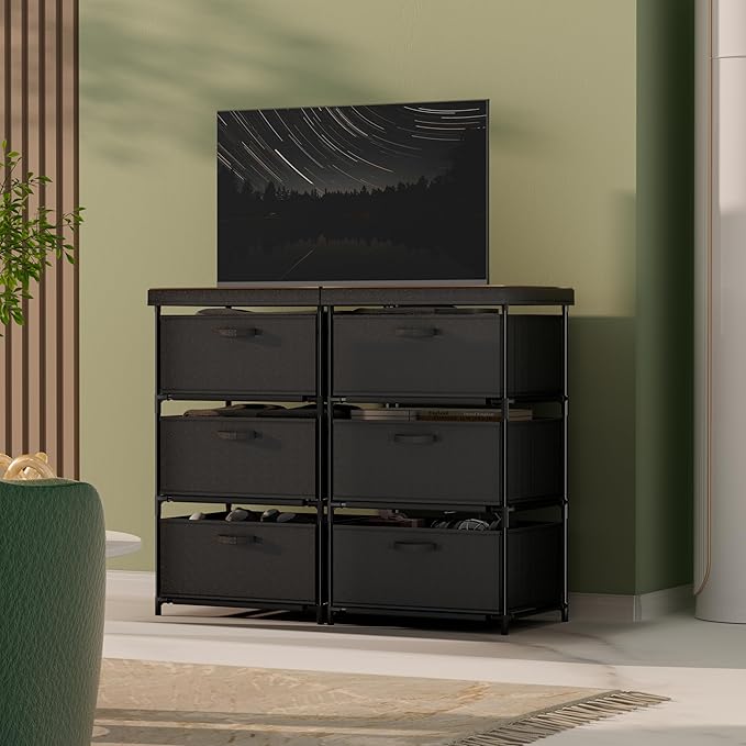 Dresser with 3 Fabric Drawer Stand Desktop Sturdy Metal Plastic Support Tube Cube Storage Cabinet for Bedroom Organization Dorm Front Hall Entryway