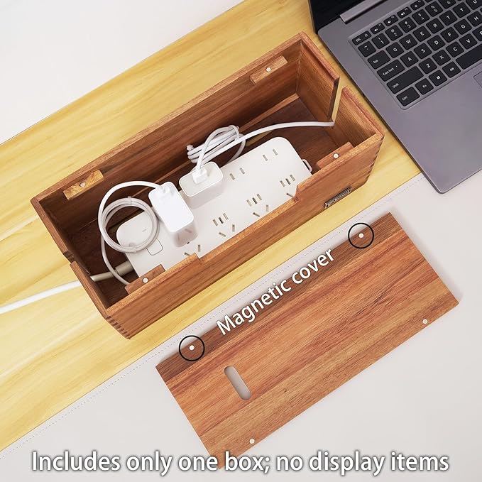 Cable Management Box, Acacia Wood Cord Hider Organizer for Power Strips, TV, Desk & Floor Wires, Under Desk Cable Storage Box for Office & Home