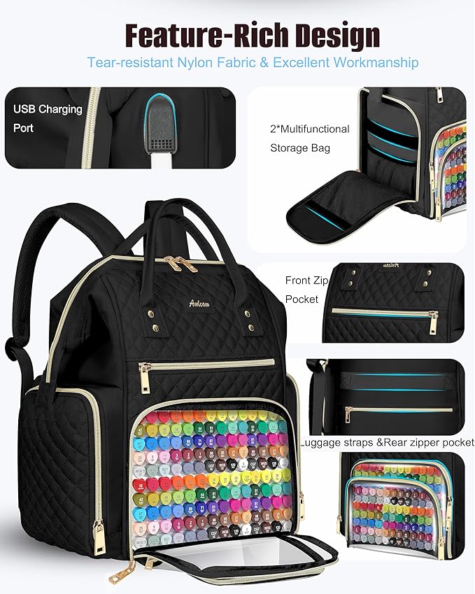 Marker Organizer Case Bag, Large Markers Storage Backpack with USB Port for Artists, Illustrators, Creatives, Pen Travel Holder Case Bag for Art Creativity Craft Supply, Black