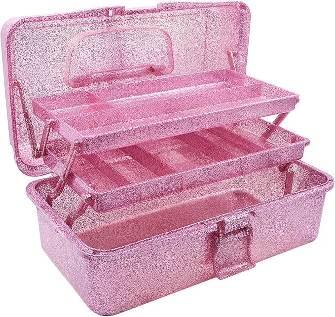 12.2inch 3-Layer Art & Craft Tool Storage Box, Beautiful Sewing Supplies Organizer, Plastic Portable Fishing Tackle Boxes, for Art Supply, Makeup, Hair Accessories, Painting Tools (Pink)