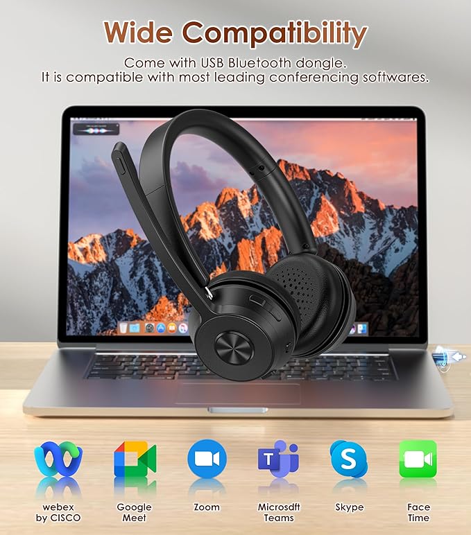 (Upgraded Version) Wireless Headset, Bluetooth Headset with Noise Cancelling Microphone, Best Headphones with Mic Mute & USB Dongle for PC/Computer/Laptop/Cell Phones/Remote Work/Call Center