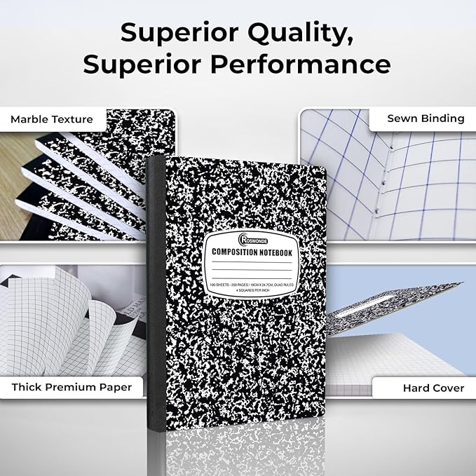 Rosmonde 1000 Pack (Pallet) Composition Notebooks Bulk, Quad Ruled, Pallet of Composition Notebooks, 100 Sheets (200 Pages), 9-3/4 x 7-1/2, Bulk Notebooks for School & College, 4-7 Days Transit
