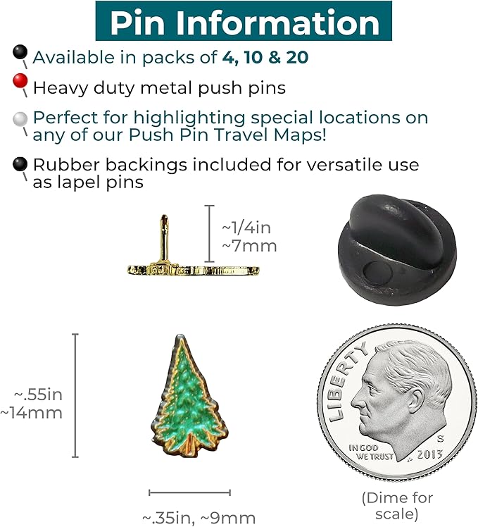 Pine Tree Push Pins - Pine Tree Map Pins for Cork Boards, Maps, or Lapel Use - Designed in USA - Set of 10