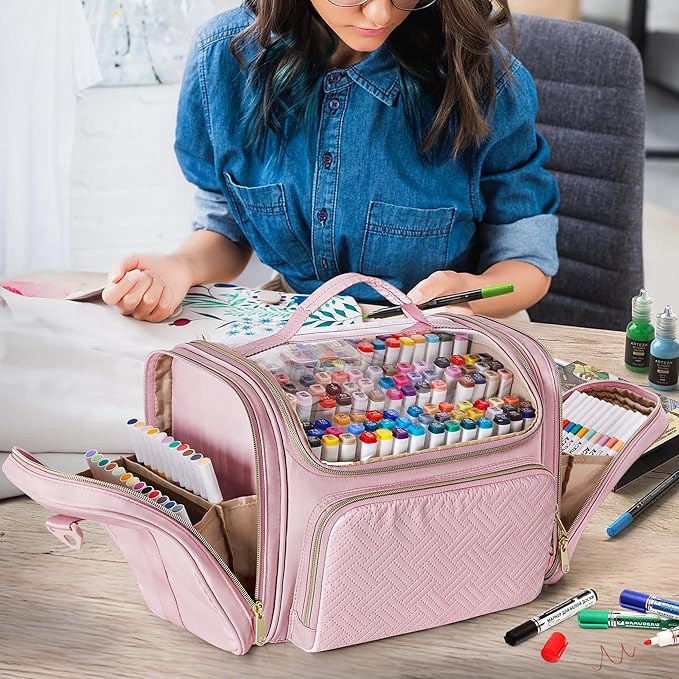 Marker Organizer Bag for 180-300 Markers, Large Marker Storage Case with Detachable Divider for Adults, Markers Travel Holder Case Bag for Various Markers or Other Art Craft Supply, Pink