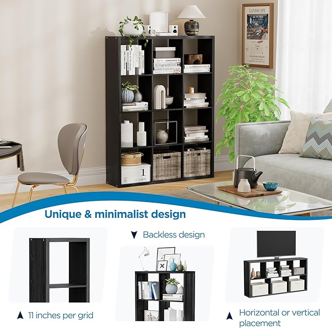 12-Cube Storage Organizer, Wooden Cube Shelf Bookcase with Reinforced Thick Shelves, Heavy-Duty 36.93" L x 9.37" W x 48.82" H, for Living Room Bedroom Home Office, Black