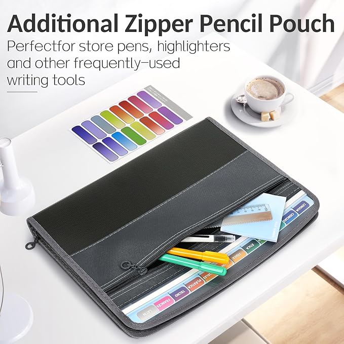 Sooez Accordion File Organizer with Safe Zipper, 8 Pocket Expanding File Folder with Front Pencil Pouch, Portable Monthly Paper Bill Tax Receipt Organizer, School Office Supplies, Olive Green