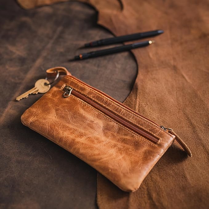 Moonster Leather Pencil Case Pouch 8" x 4" - Leather Pen Case with Zipper