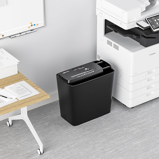 Amazon Basics 8-Sheet Strip Cut Paper, CD, and Credit Card Shredder with Auto-Off Compact, Portable Design, No Basket, Extendable Arm, Black