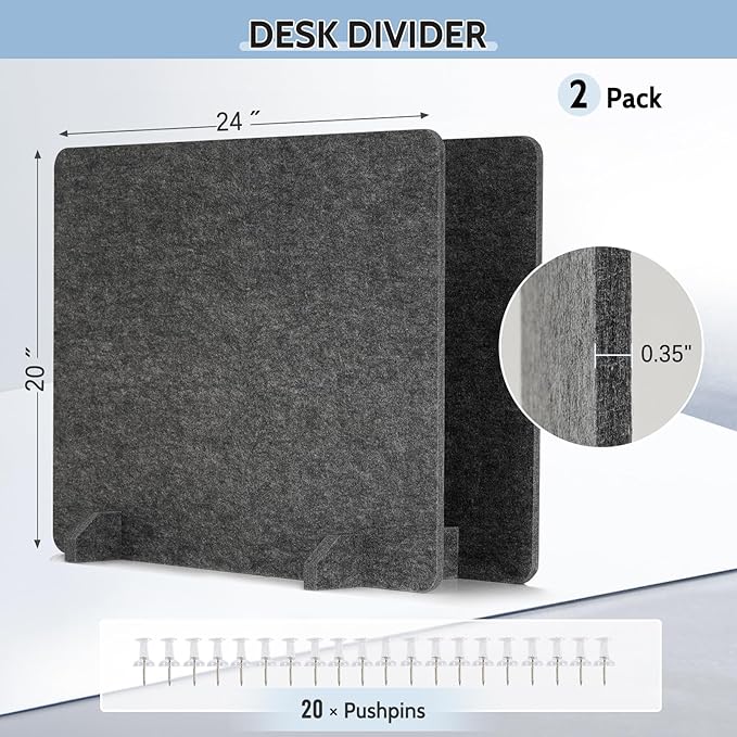 AMUSIGHT 2 Pack Acoustic Desk Dividers - 24" x 20" Freestanding Privacy Panels Set with Noise - Reducing Design Cubicle Sound Proof, Ideal for Office, Classroom, and Home (Dark Gray)