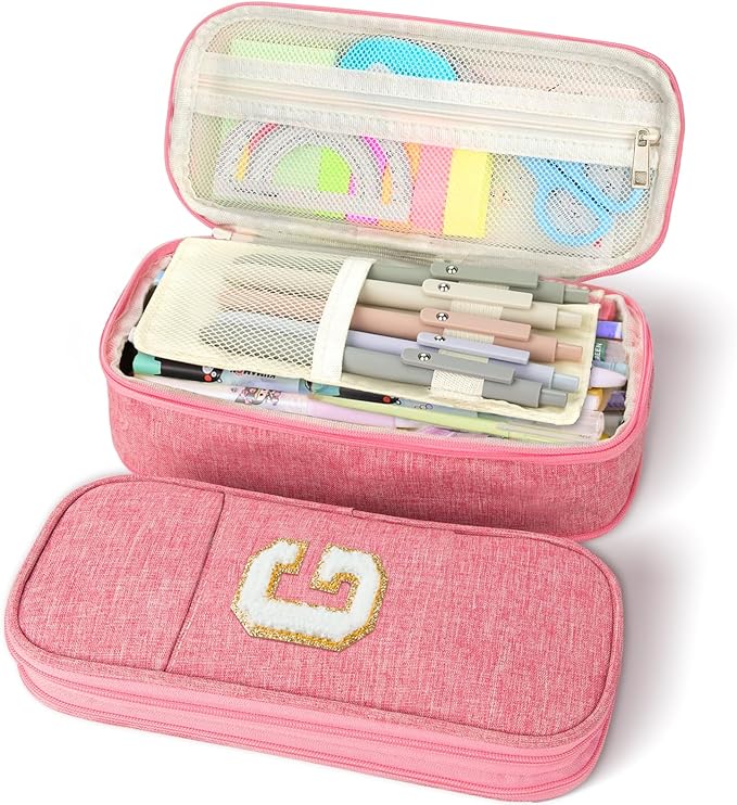 Large Capacity Pink Pencil Case, Cute Pencil Case Pencil Pouch with Zipper For Girls Women, Expandable Preppy Pencil Bag Large Storage High Capacity Bag Organizer for School Home Office Supplies, G