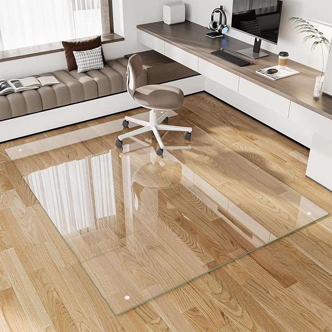 FlyEcho Glass Chair Mat 60" x 80" Heavy Duty Tempered Glass Mat, Office Glass Floor Mat with Polished Edge and Round Corner for Smooth Glide, Carpet Hardwood Floor Protector