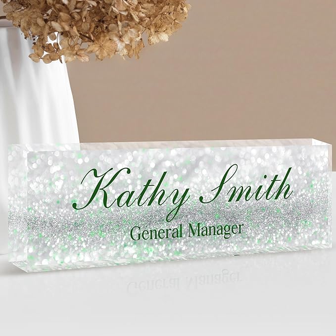 Custom Name Plate for Desk | Personalized Desk Name Plate | Personalized Boss Employee Appreciation Gifts | Acrylic Name Plate Office Desk Accessories (A-Silver Green Crystal)