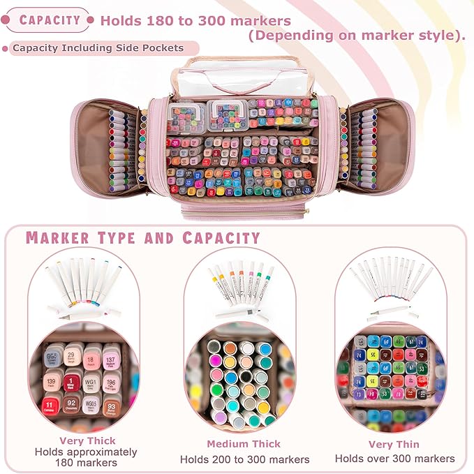 Marker Organizer Bag for 180-300 Markers, Large Marker Storage Case with Detachable Divider for Adults, Markers Travel Holder Case Bag for Various Markers or Other Art Craft Supply, Pink