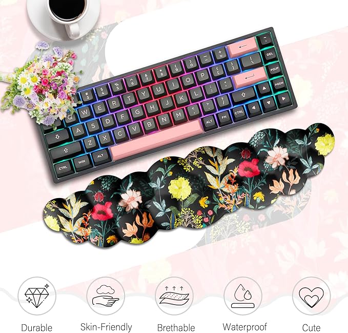JIKIOU Cloud Wrist Rest Keyboard, Cloud Keyboard Wrist Pad Set with Comfortable Cloth, Cute Arm Rest for Palm Support, PC/Gaming Desk Accessories/Office Setup/Computer Hand Cushion Black Flowers