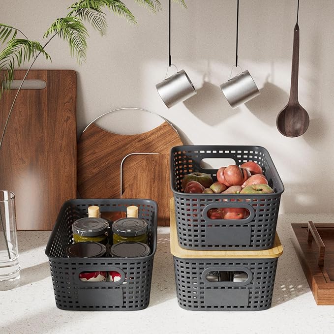 Plastic Storage Bins with Bamboo Lid - Pantry Storage Baskets with Lid - Stackable Container with Lable for Organizing: Small Storage Box for Shelves Office Cabinet Drawer Closet 9x7x4 In - Grey 6Pcs