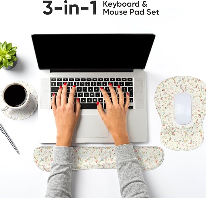 Wrist Rest Support for Mouse Pad Keyboard Set Circle Coaster Gaming Mouse Pad Ergonomic Gel Memory Foam Set for Computer, Laptop, Office, Pain Relief, Comfortably Typing Flowers KM-39