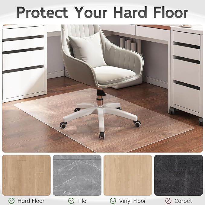 HOMEK Crystal Clear Chair Mat for Hardwood Floor, 48” x 36” Office Chair Mat for Hard Floors, 1/8” Thick Office Mat for Rolling Chairs