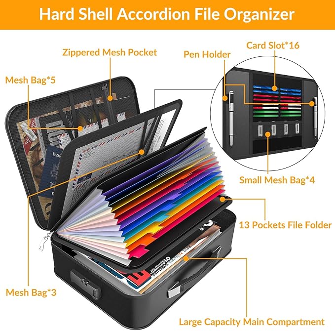 Hard Case Fireproof Document Box, Important File Organizer with Lock Waterproof Zipper, Portable Home Office Travel Storage Accordion Folder for Letter A4 Laptop Files