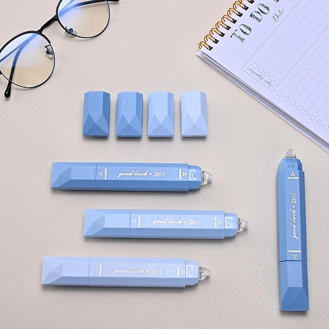 Temiary 4 Pcs 2 in 1 White Correction Tape and Double Sided Roller Set, Aesthetic Smooth Pull Out Tapes with Adhesive Glue Tape Roller Runner for School Office Supplies (Blue)
