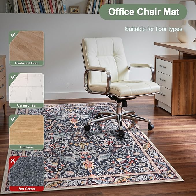 Anidaroel 36"x48" Office Chair Mat for Hardwood Floor/Tile, Anti-Slip Computer Chair Mat, Vintage Desk Floor Mats, Low Pile Floral Bird Office Rugs for Rolling Chairs, Taupe Under Desk Rug