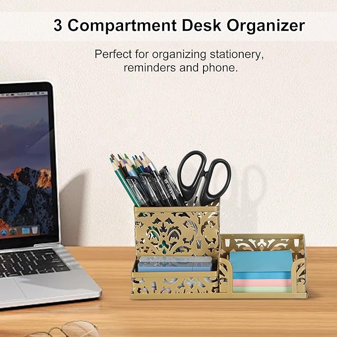 EasyPAG Desk Organizer 3 Compartment Pen Holder for Desk Office Supplies Caddy with Sticky Notes Holder for School Home, Gold