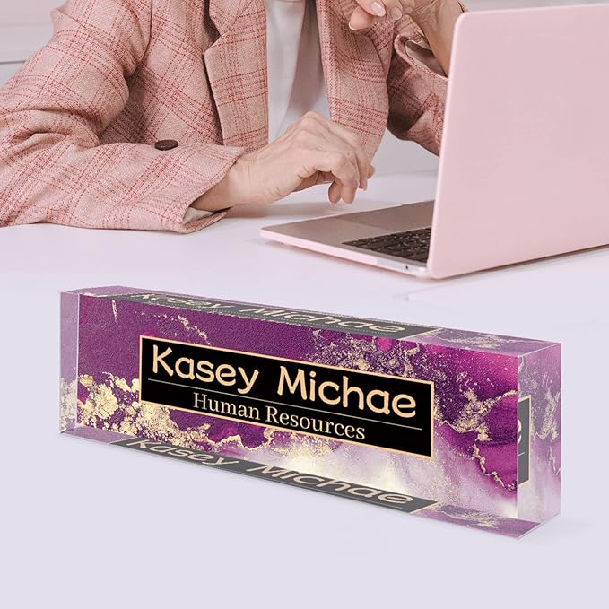 SalaGraphics Desk Name Plate Personalized, Custom for Desk, Office Decor Men, Acrylic Accessories, Gifts Coworkers Boss Teacher, Employee Appreciation (Purple/Gold), 8''(L)x2.5(W)