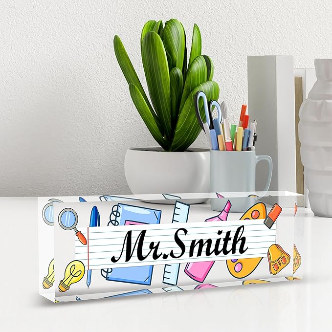 Teacher Name Plate for Desk, Acrylic Desk Name Plate Personalized Office Desk Decor, Teacher Appreciation Gifts The Office Gifts for Teacher