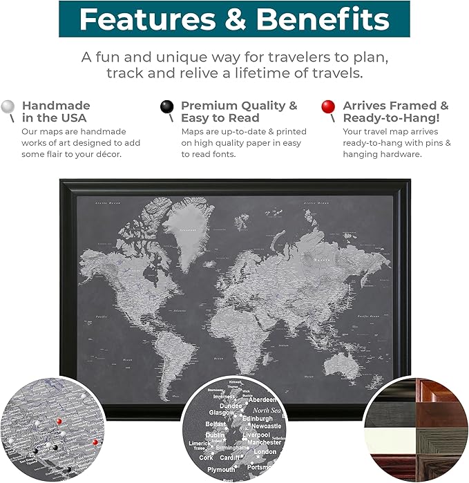 Personalized Stormy Dreams World Travel Map with Solid Wood Cherry Red Frame