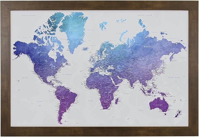 Push Pin Travel Maps - Vibrant Violet Watercolor World - Rustic Brown Framed Pin Map for Tracking Your Travels - 27.5" x 39.5" - 8 Handcrafted Frame Options - Made in USA - Ideal for Any Traveler
