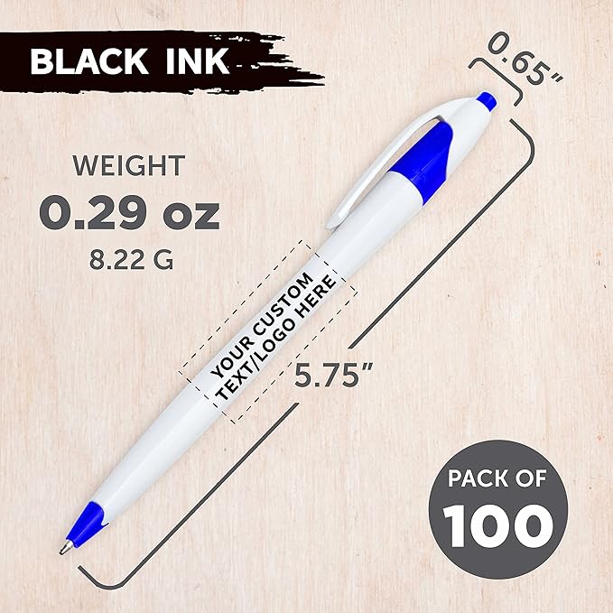 DISCOUNT PROMOS Custom Slim Curvy Ballpoint Pens Set of 100, Personalized Bulk Pack - Black Ink, Retractable, Great for Office, School, Tradeshows - Blue Black