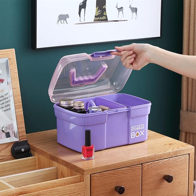 11'' Plastic Box Organizer with Removable Tray, Sewing Box Organizer (Purple)