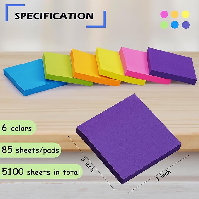 Woswel Sticky Notes 3 x 3 in, 60 Pads, 85 Sheets/Pad, 6 Bright Colors, Self-Stick Notes, Easy to Post for Home, Office, School