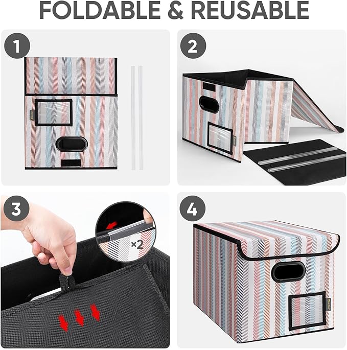 BALEINE File Organizer Box with Lid, Collapsible File Folder Organizer with Plastic Slide, Hanging File Folder Box for Office Document Storage (1 Pack, Color Stripe)