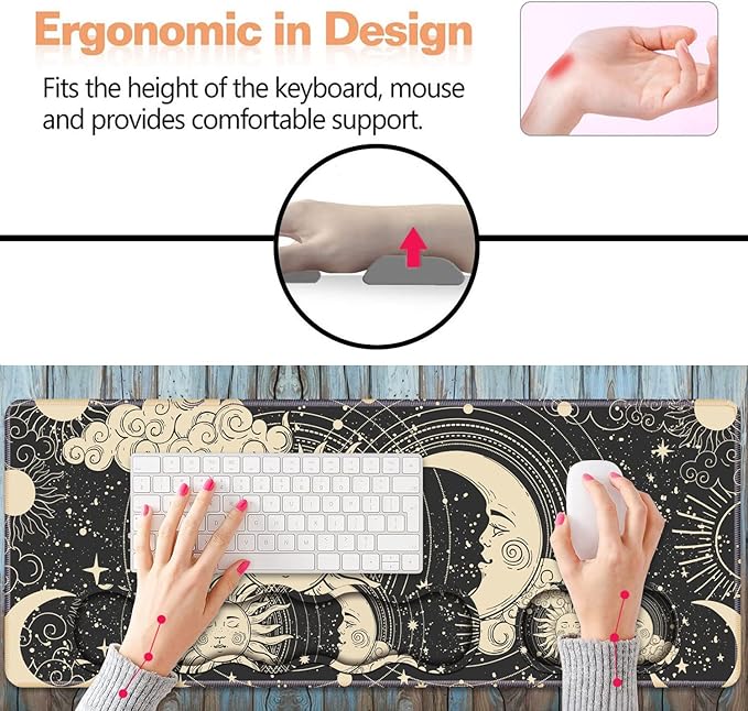 Ergonomic Keyboard Wrist Rest and Mouse Pad Wrist Rest Set, Extended XXL Gaming Mouse Pad 31.5"x 11.8", Non-Slip Base, Memory Foam, Easy Typing Pain Relief, Celestial Theme Sun with Crescent Moon