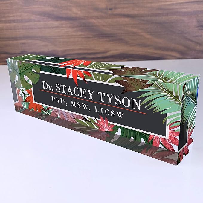 Artblox Personalized Name Plate for Desk | Leaf Flowers Design On Clear Acrylic Glass | Custom Desk Name Plate Personalized with Your Name and Credentials for Teacher Phd Military Office Name Plate